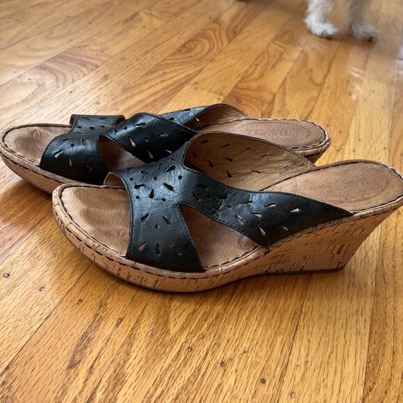 Børn Womens Slides Black Leather Wedges Boho Sz.10 - Picture 5 of 7